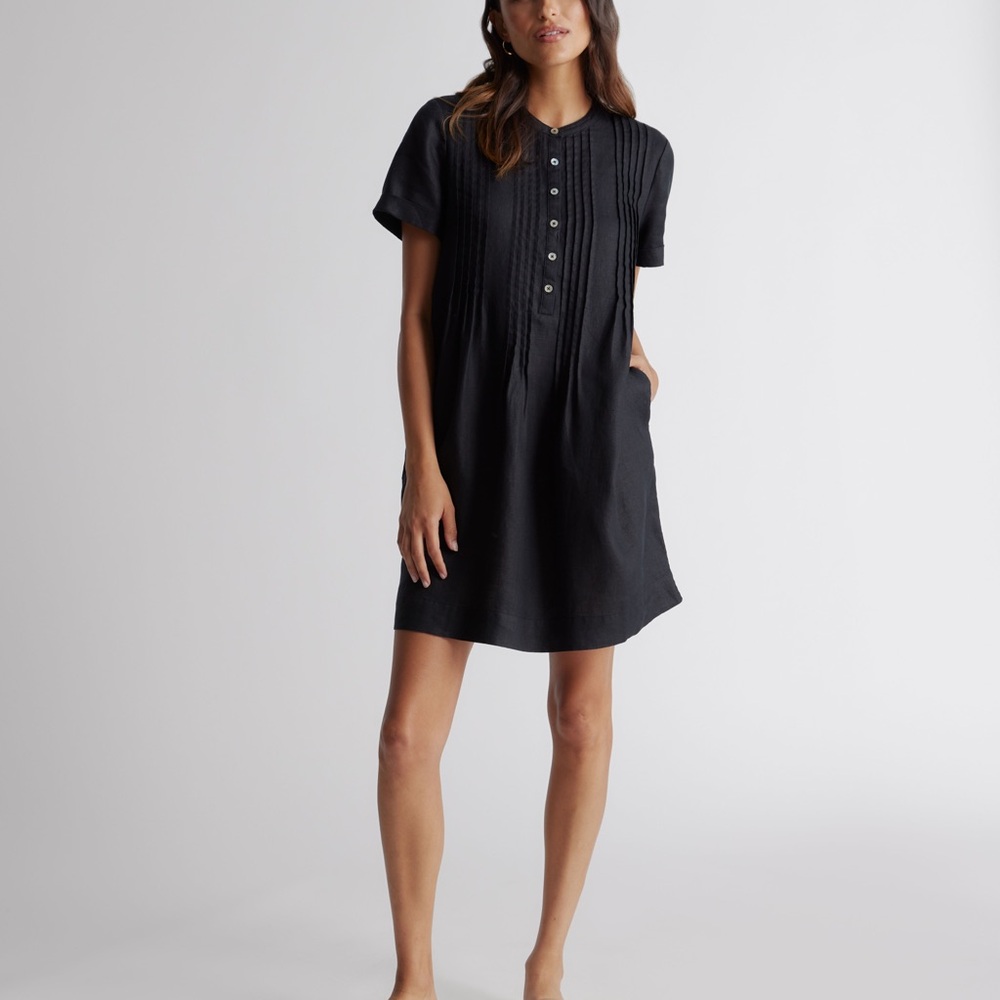 Quince Black Short-Sleeve Pintuck Midi Dress